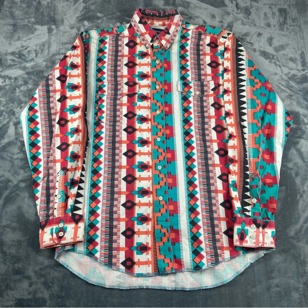 Vintage Wrangler Brushpopper Men 16-35 Shirt Multicolor Western Aztec Cowboy